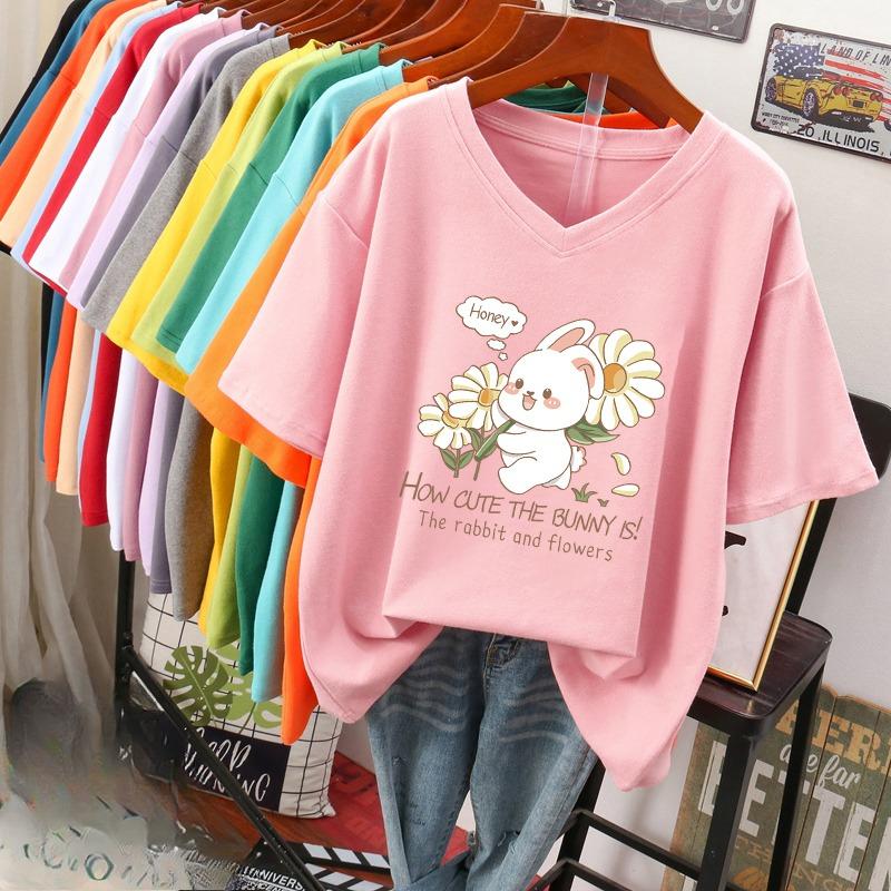 Dámské tričko s krátkým rukávem, volného střihu, zeštíhlující top s potiskem a výstřihem do V