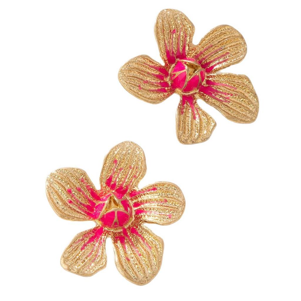 One Pair of Pink Enamel Five-Petal Flower Earrings with Pleated Design for Women.
