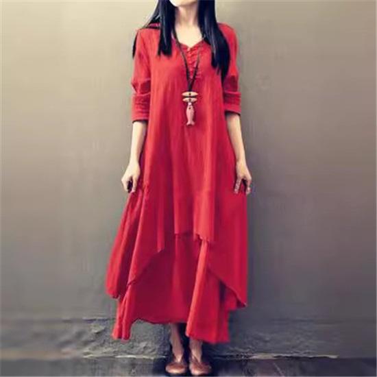 Women's Solid Color Long Sleeves V-neck Elegant Retro Cotton and Linen Long Dress