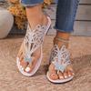 Womens Bohemian Rhinestone Flat Flip Flops Sandals With Toe Loop Velvet Upper Rubber Sole Plus Size 36-43