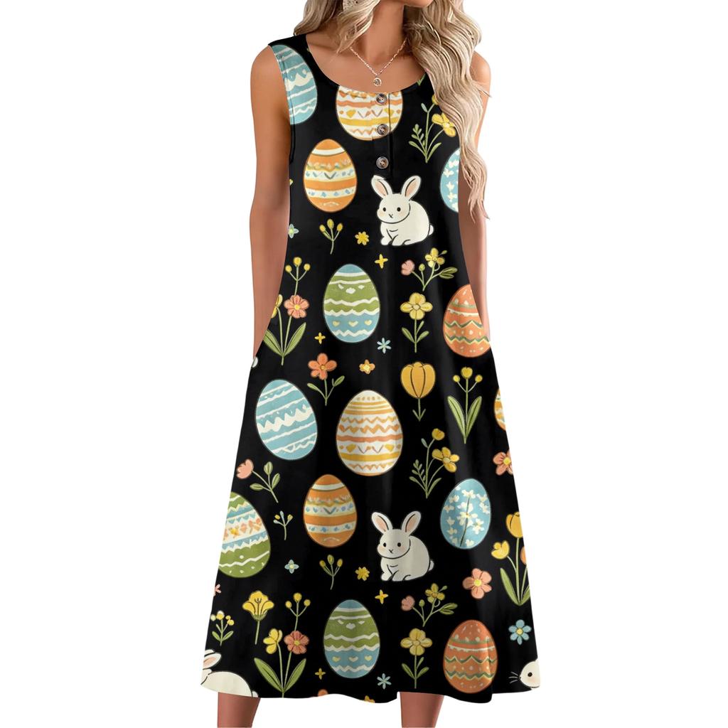 Dámské módní ležérní bezrukávové knoflíkové velikonoční potisk šaty s kapsou