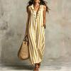 Mouweloze Gestreepte Maxi Jurk met Ruches V-hals Losse Pasvorm Lange Jurk voor Dames Casual Zomer Strandkleding Zomerjurk
