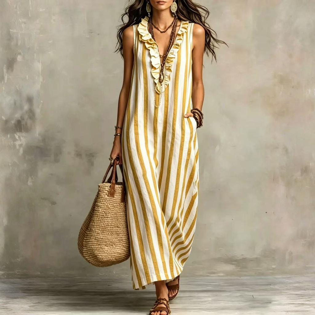 Mouweloze Gestreepte Maxi Jurk met Ruches V-hals Losse Pasvorm Lange Jurk voor Dames Casual Zomer Strandkleding Zomerjurk