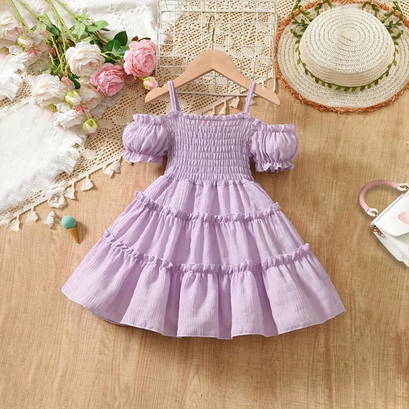 Baby Girls Princess Dress Short Sleeve Solid Color Cake Skirt 2-7 Years
