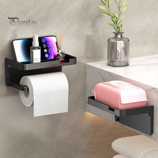 Toilet Paper Holder with Storage Shelf Strong Load-bearing Simple Installation Self-Adhesive Roll Paper Holder Bathroom Organizer