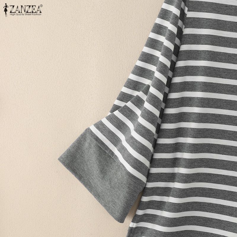 ZANZEA Women Casual Round Neck Loose 3/4 Sleeve Stripe Blouse