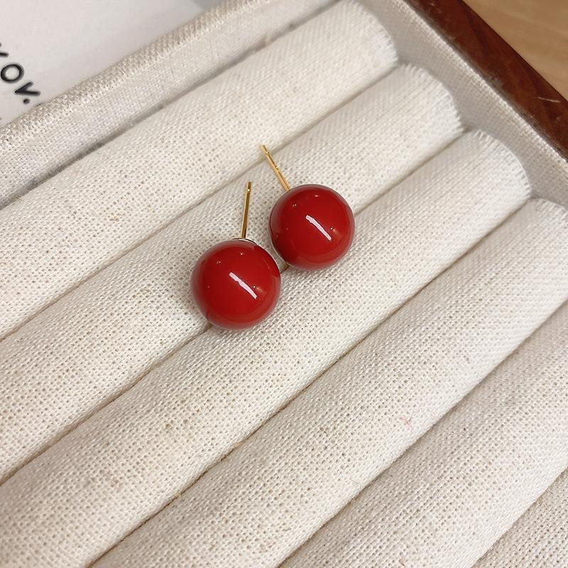 Real gold electroplated silver needle geometric red New Year's stud earrings niche simple versatile earrings light luxury high-end earrings women