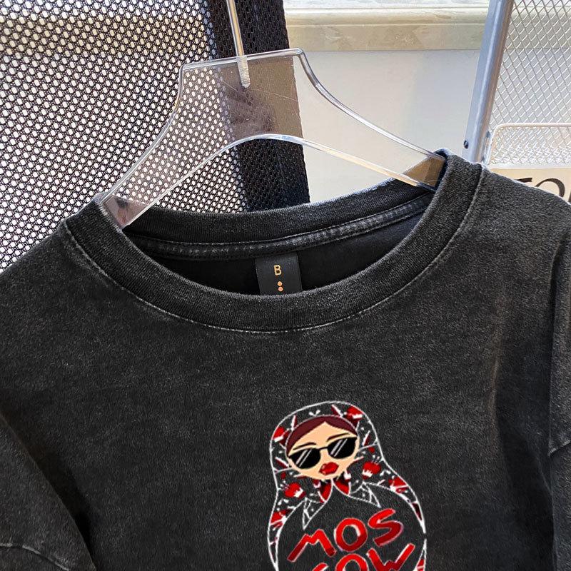 European & American Style Loose Mid-Length Pure Cotton Printed Long-Sleeve Women's T-shirt
