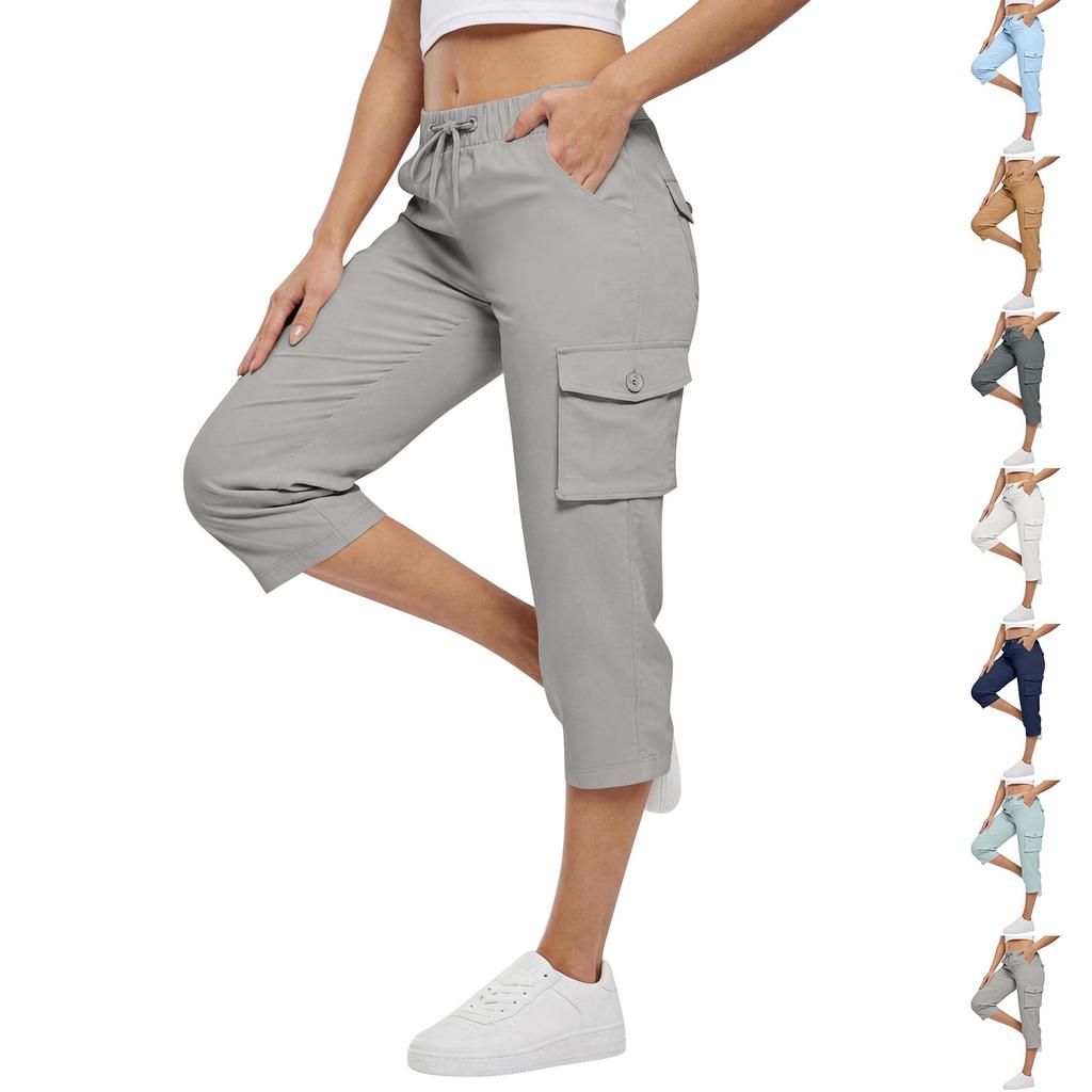 Damen Cargo Capri-Hose mit hoher Taille, Taschen und Kordelzug, lässige, entspannte Passform, Outdoor-Sportbekleidung