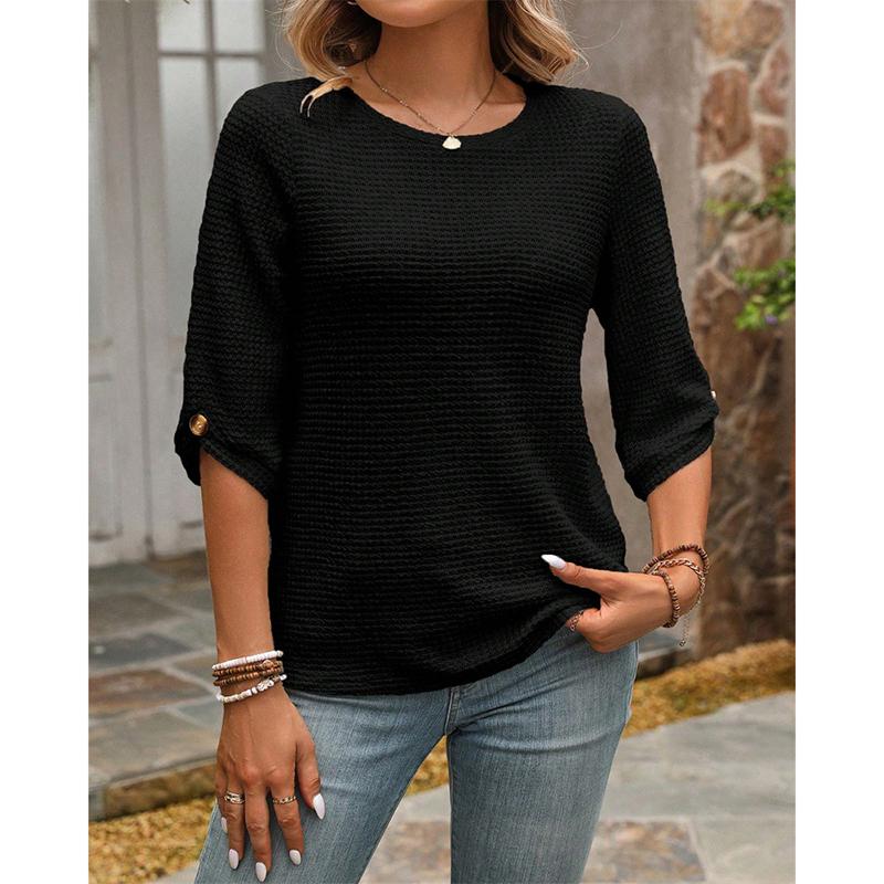 

Elegant Casual Women s T-shirt Three-Quarter Sleeve Gauze Pattern Autumn Winter New Style Button Decoration Crew Neck Top S чёрный
