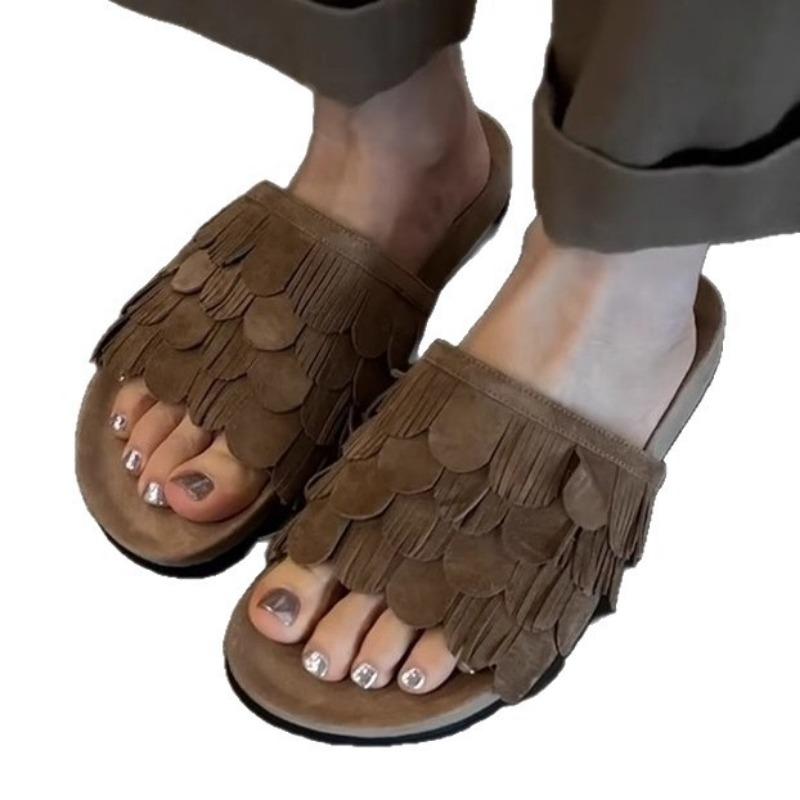 Summer Fringed One-line Slippers High-end Casual Shoes Comfortable Flat Flip-flops