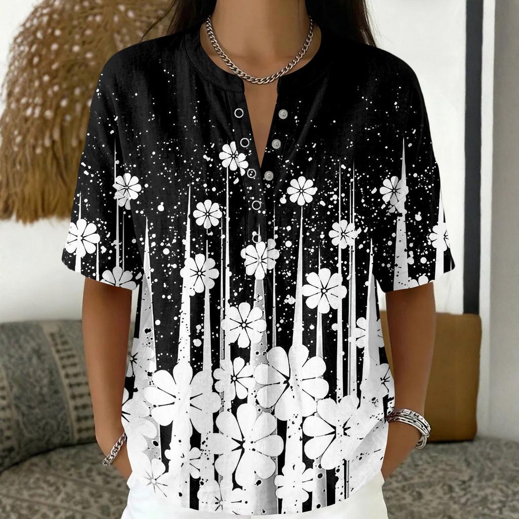 Women Fashion Floral Print V Neck Blouse Short Sleeve Pullover Top Lightweight Casual Shirt