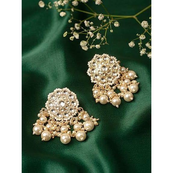 Gold Tone Kundan & Pearls Wedding Collection Dangle Earring For Women