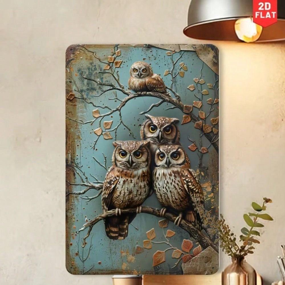 Vintage Owl Metal Poster Wall Art Blue Brown Rustic Home Decor Office Sign