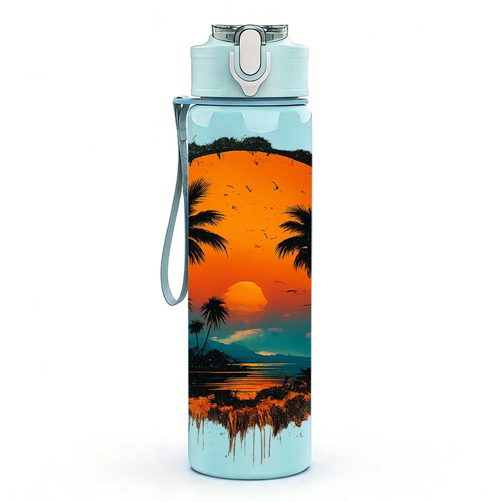 1PC Sunset Palm Tree Island Badge Print 750ml Color Plastic Sports Water Bottle Leakproof Flip Straw Lid Suitable for Sports Office Home Use
