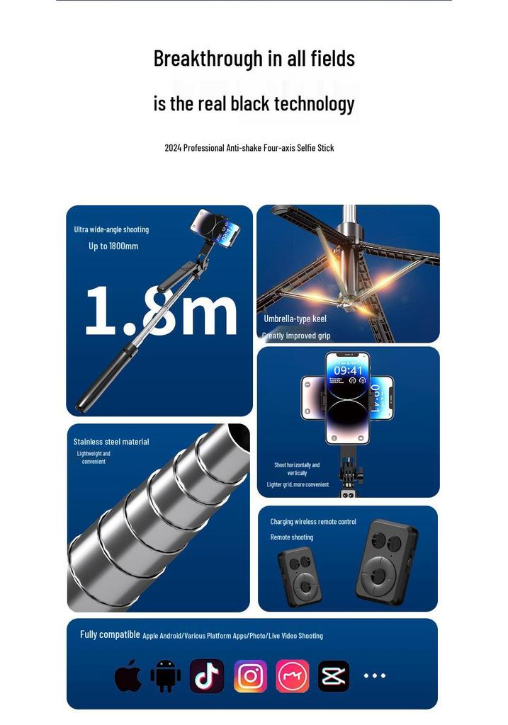 B17 Stainless Steel Selfie Stick Tripod with Four-Leg Support, One-Key Pop-Open Function, 1.8m, for Live Streaming and Photography.