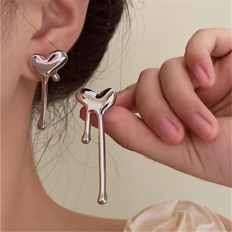 Silver Geometric Trendy Heart And Waterdrop Earrings Stylish Alloy Studs Ear