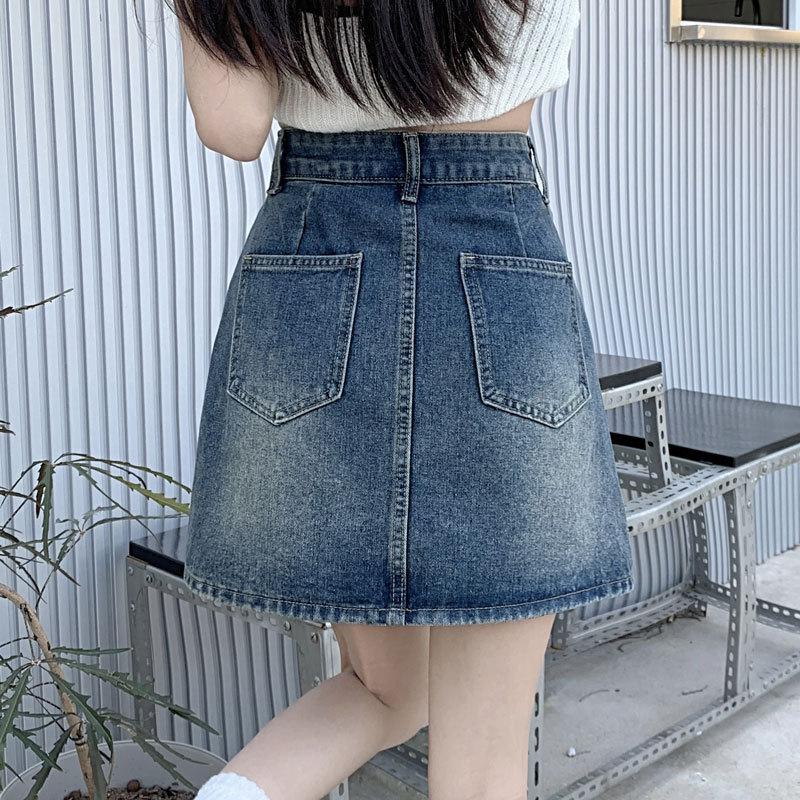 Women's A-line Denim Short Skirt Summer Pocket Design High Waist Hip Hugging Retro Denim Skirt