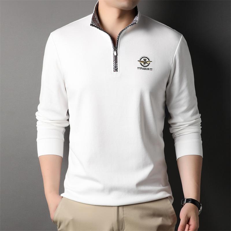 Spring New Style Stand-up Collar Trendy Long-sleeved T-shirt Cotton Fashion Casual Zipper Solid Color T-shirt