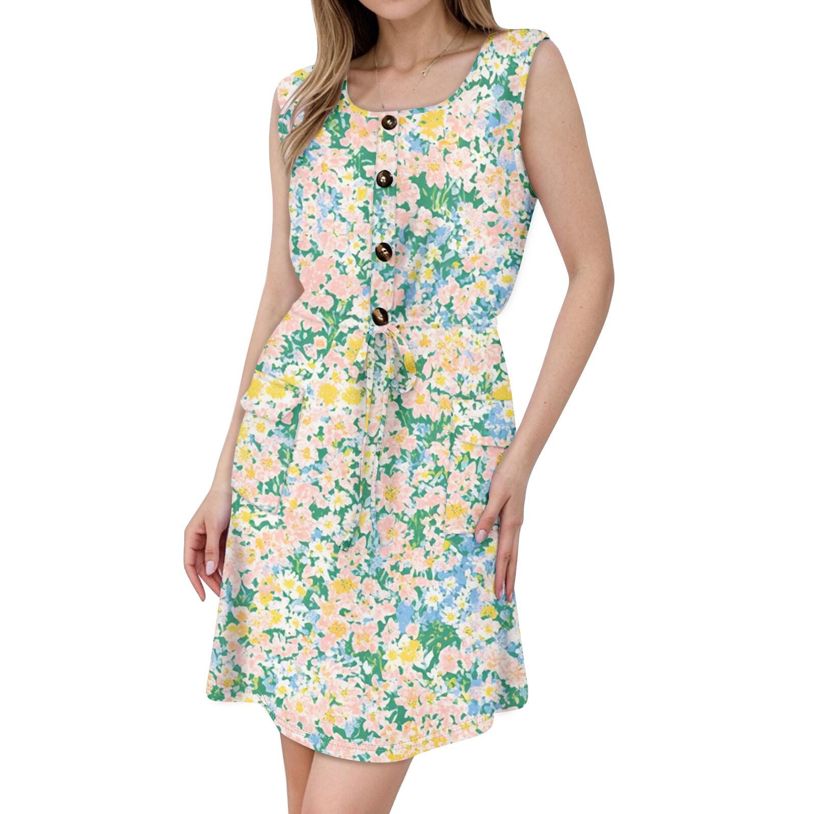 

Женское модное платье без рукавов с круглым вырезом, напечатанным декоративными пуговицами, двойным карманом, на шнуровке M