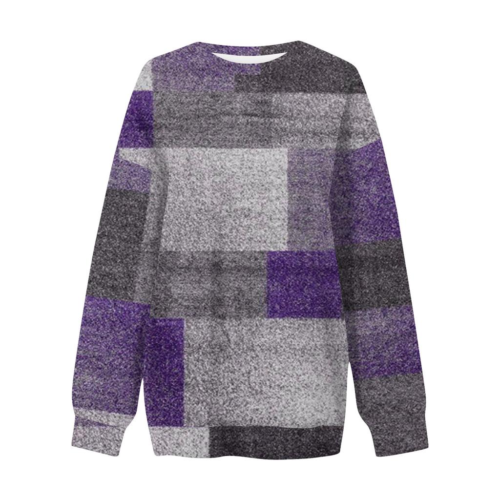 Damen Casual Print Rundhals Lose Langarm Sweatshirt Top Mit Tasche