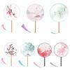Half Transparent Ancient Style Fan Long Handle Vintage Printing Dance Fan Silk Embroidered Small Round Embroidered Fan