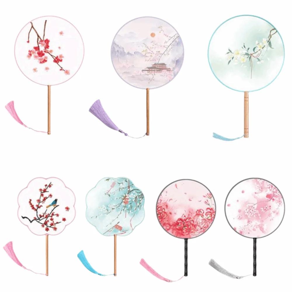 Half Transparent Ancient Style Fan Long Handle Vintage Printing Dance Fan Silk Embroidered Small Round Embroidered Fan
