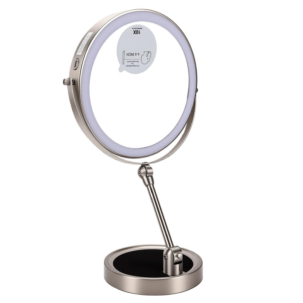 Tabletop Makeup Mirror Double Sided Rechargeable Lighted Vanity Mirror 1X 10X Magnification 3 Color Dimmable 9 Inch