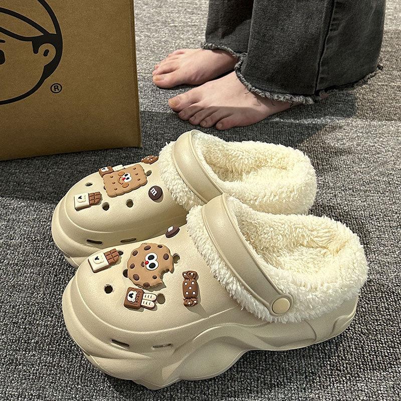 New velvet hole shoes women's winter non-slip outer wear cotton shoes heightened thick-soled home removable cotton slippers
