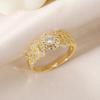 Vintage wreath halo-style copper ring with synthetic zircon main stone and micro-inlaid petal band Gold-plated exquisite polished statement ring for