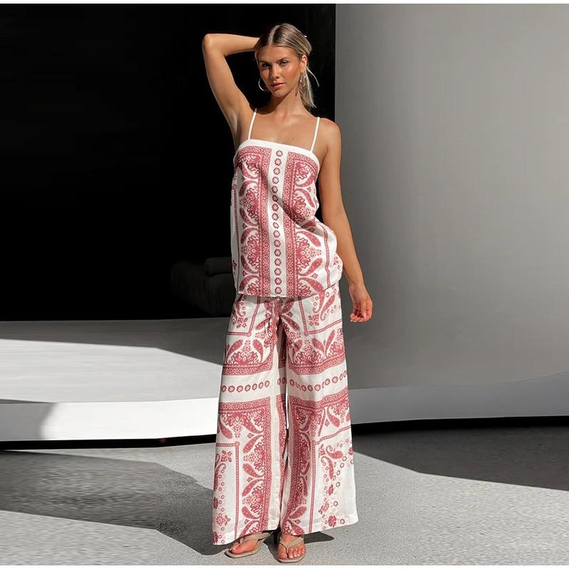 Vintage Print Strap Vest Pants Set Women Sleeveless Backless Tube Top Wide Leg Loose Trousers Female 2025 Fashion Holiday Suit
