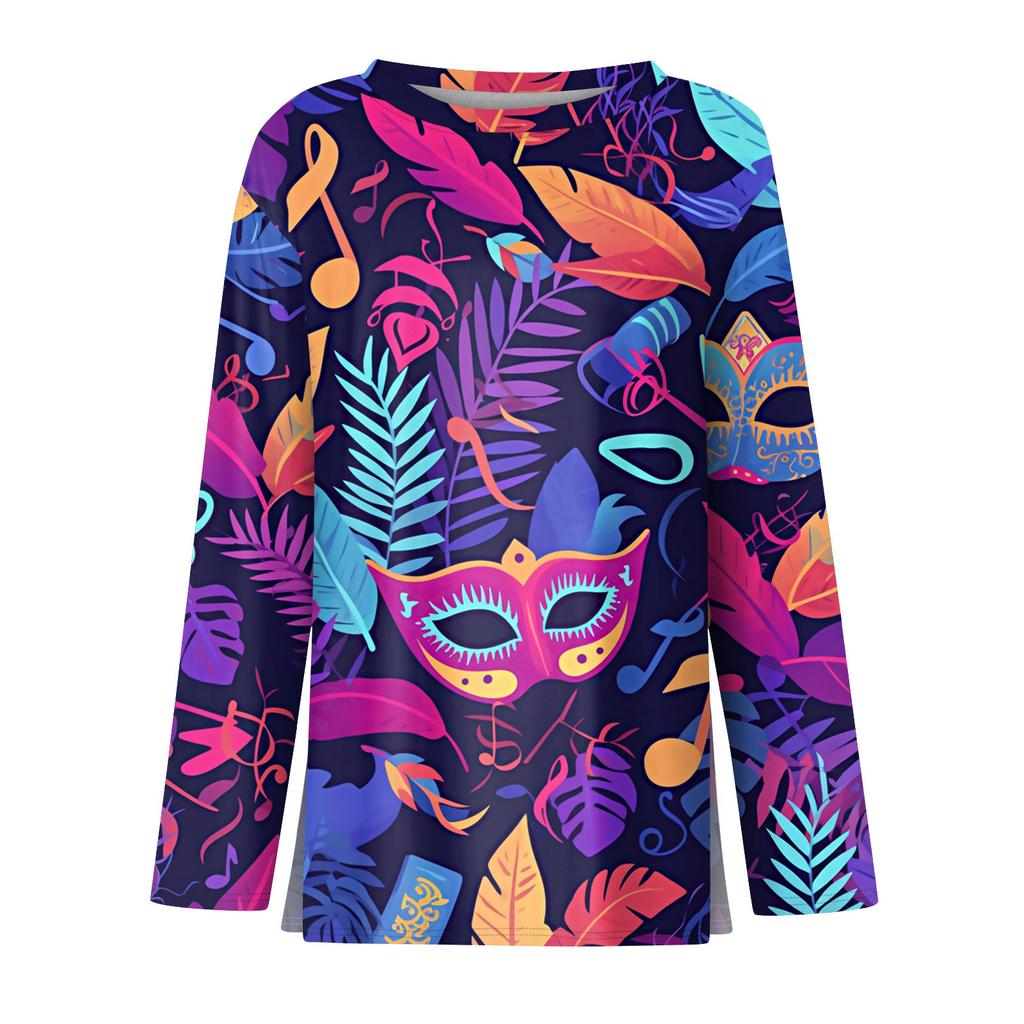 Women's Fashion Casual Slit Hem Round Neck Long Sleeve Loose Printed T-Shirt Top
