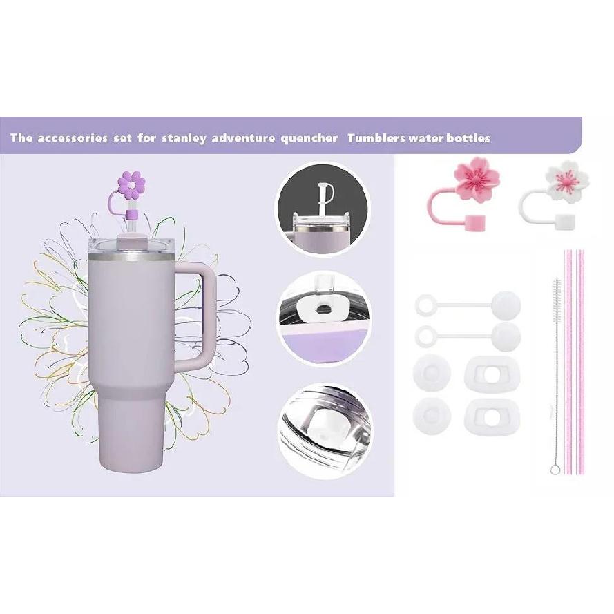 11Pcs Accessories Set for Stanley Cup Silicone Spill Proof Stopper Straw Cover Cap Reusable Straw 1 Cleaning Brush 40oz 30oz Cup Holders 5