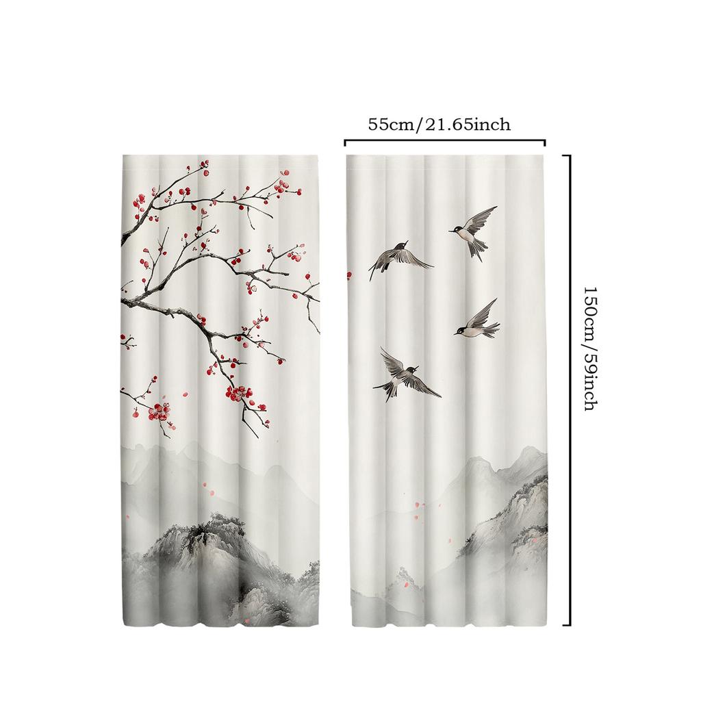 2pcs Classic Japanese Scenery Polyester Curtains   Mountain and Seagull Print Drapes for Living Room and Bedroom Decor