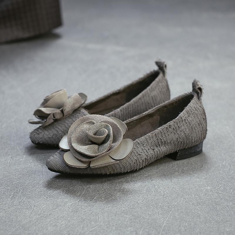 Johnature Genuine Leather Flower Low Heeled Shoes Retro Lightweight And Comfortable Women's Slip-on Shoes