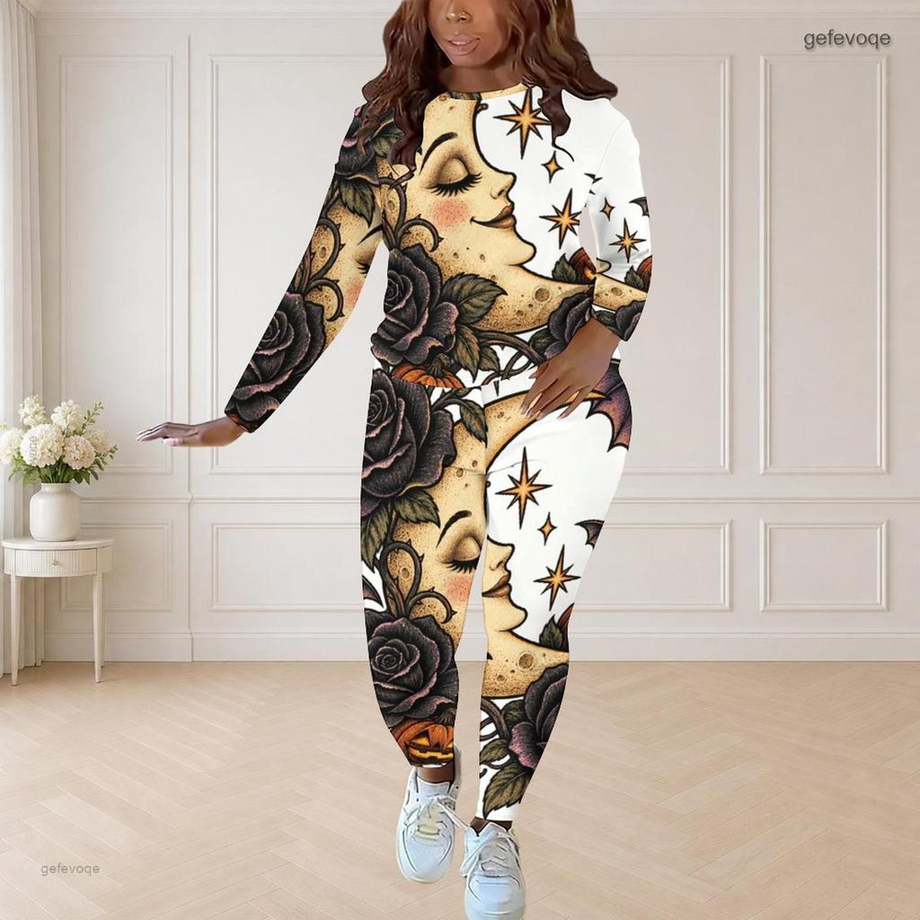 Women Plus Size Round Neck Long Sleeve Printed Top And Fitted Pants Two Piece Set