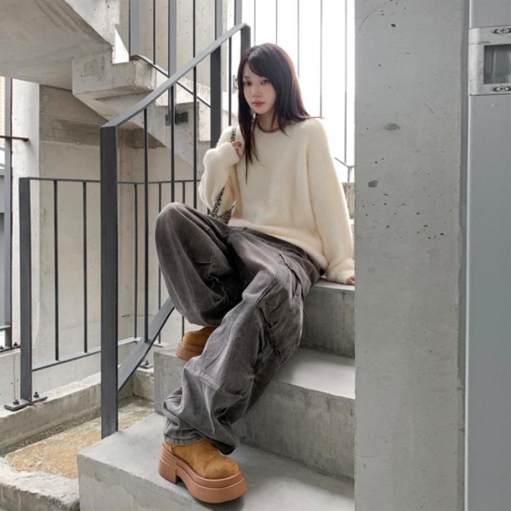 New Arrivals Open Run Women Mink Fur Cozy Loose Fit Round Neck Long Sleeve Knit