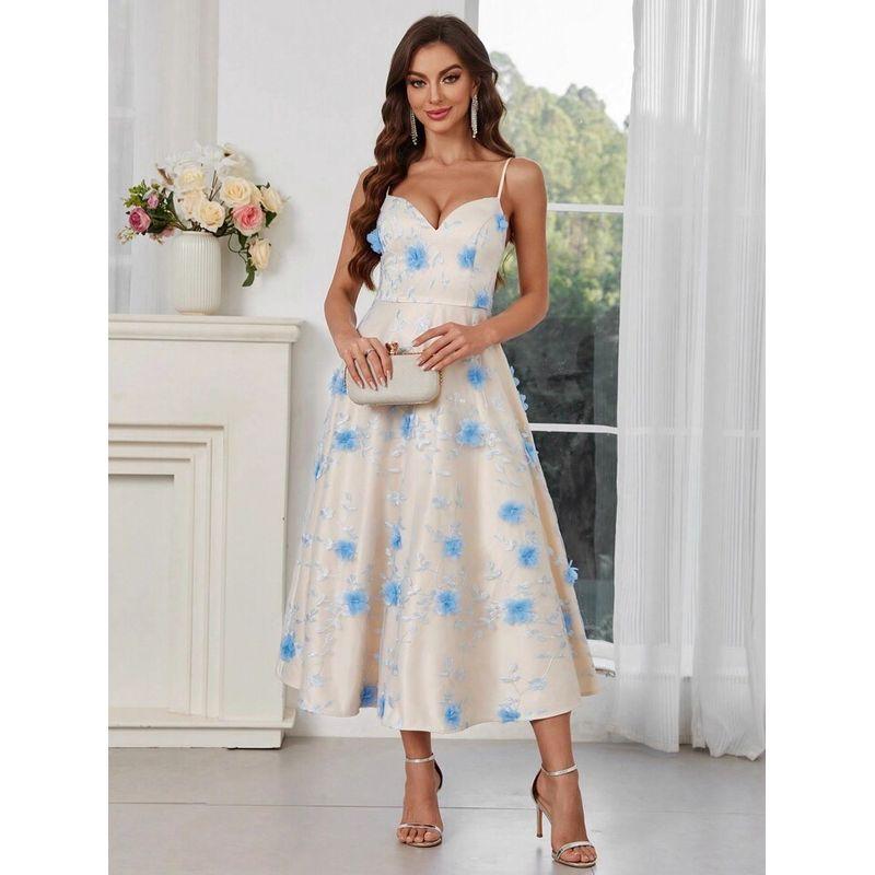 

Французский стиль Aura Style Юцзе Фан Тяжелая промышленность Трехмерная вышивка Цветами Сарафан Большой подол Платье в форме зонта Пасторальное чайное платье Apricot low blue flower M