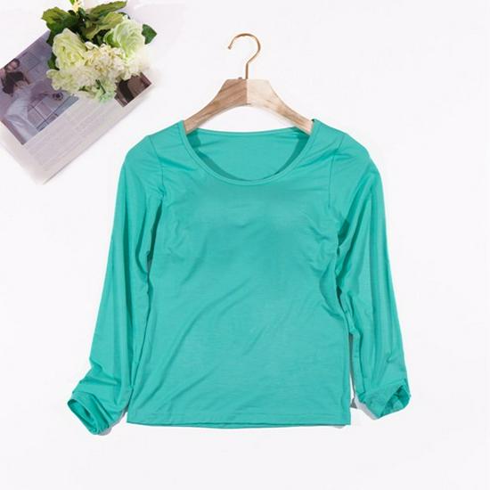 Damen Einfarbiges Langarm-Top mit eingebautem BH-Cup – Schlichter Herbst-/Winter-Stil