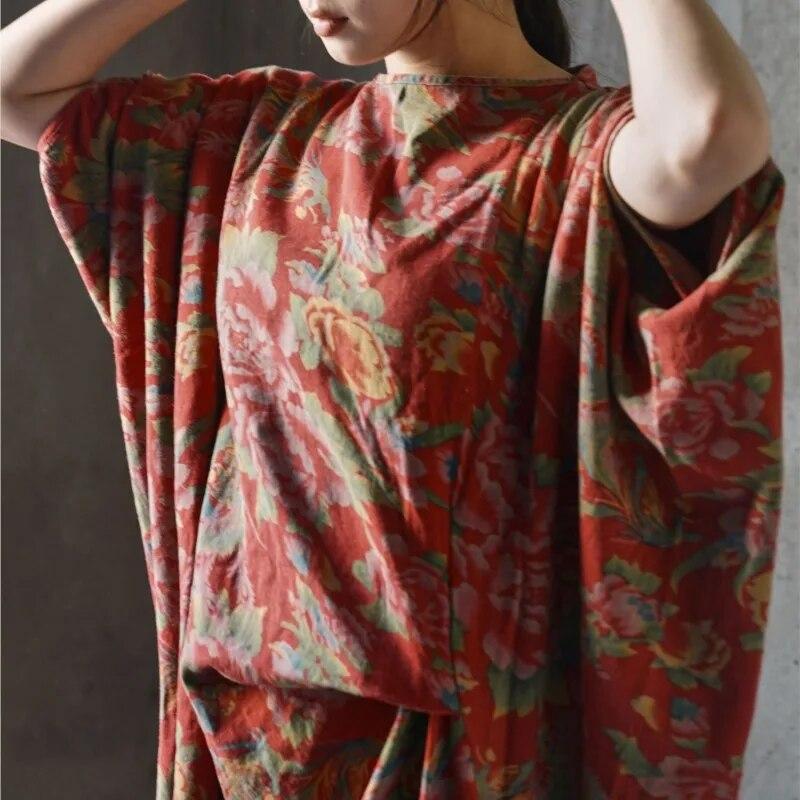 Johnature Women Vintage Irregular Dresses O-Neck Sleeveless Print Floral Robes Summer Chinese Style Women Dress