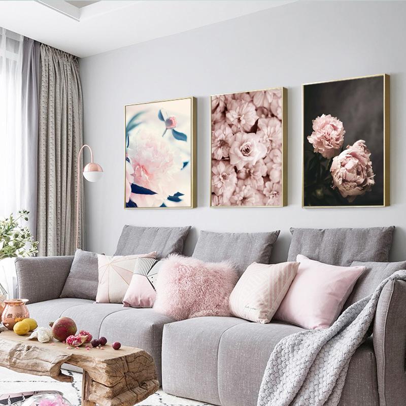 Pictură modernă cu flori de plante, postere decorative estetice proaspete pentru camera de zi Bujor roz, artă de perete, imprimare poster