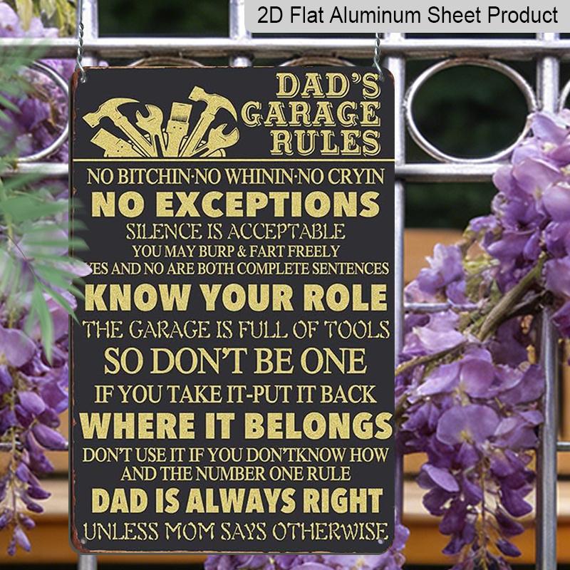 2D Flat, 1pc "Dad's Garage Rules" Aluminium Metal Wall Decor Sign - 8"x12" Funny Gold Tool Garage Decor, Perfect Father's Day Gift & Workshop Wall Art