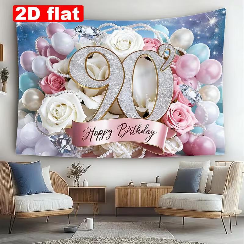 2D 90 Years Old Birthday Backdrop Sweet Pastel Flower Balloon Theme Party Photo Booth Background