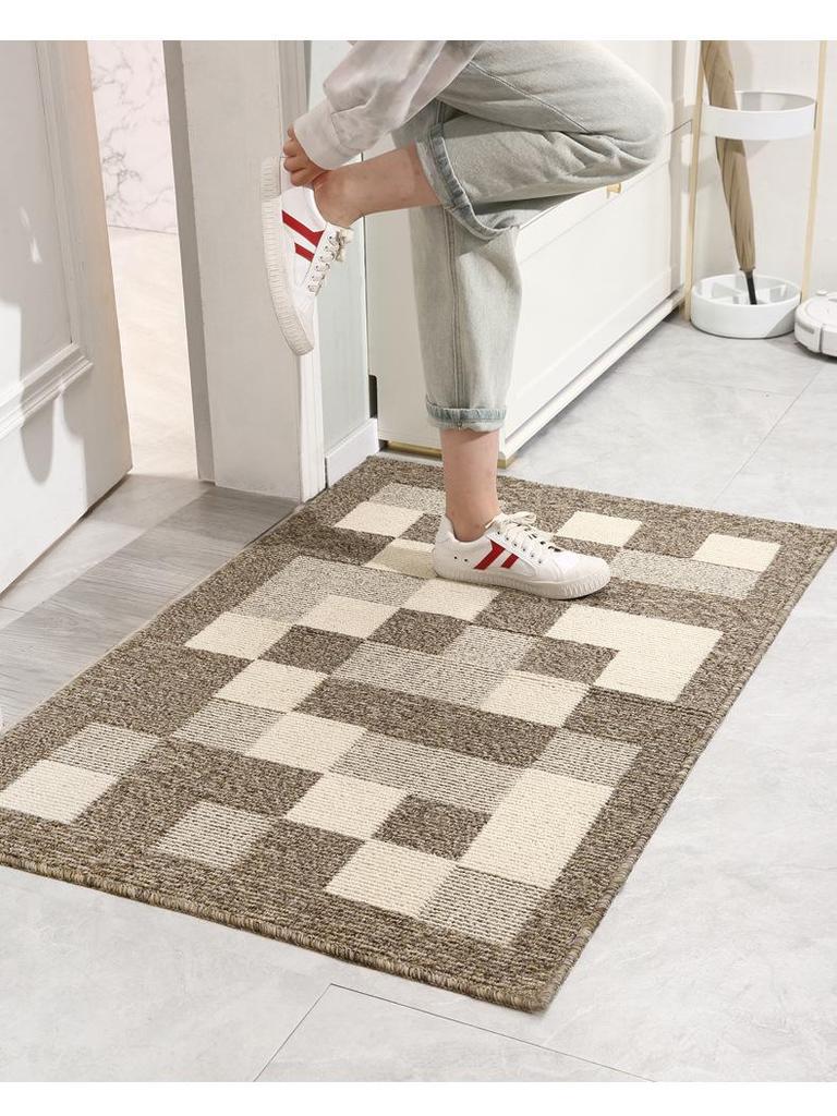 Brown Checkered Striped Washable Polypropylene Entrance Doormat