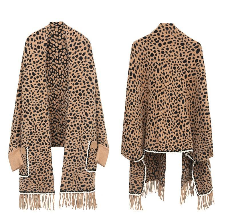 Knitted Shawl Women'S Pocket Cheongsam With Cardigan Cape And Leopard Print Shawl