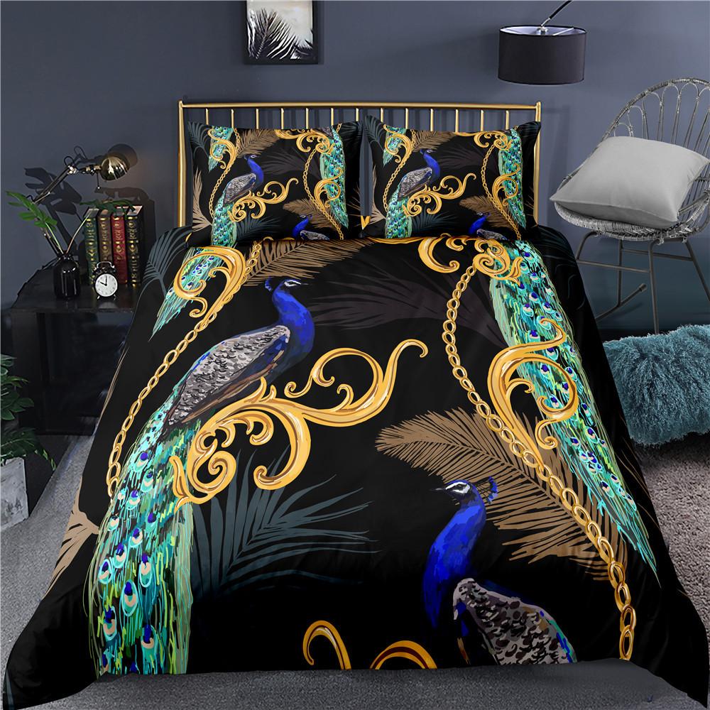 Comforter Peacock Plum Blossom Decor Bedding Set King Size Crane Peacock Feather Floral Pattern Romantic