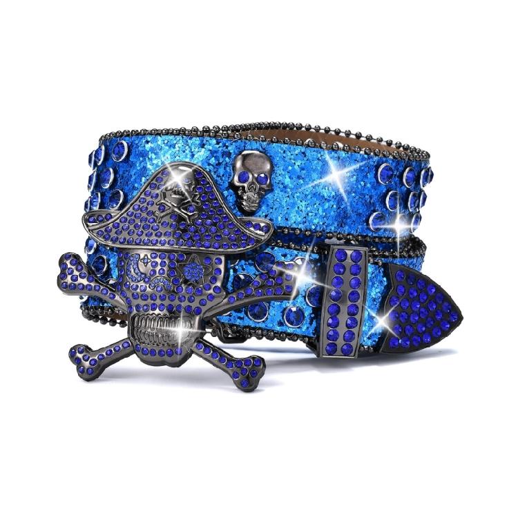 Rhinestones Studded Pirate Buckle Belt for Adult Teens Street Waistband for Pants Shimmering Waiststrap Waist Ornament