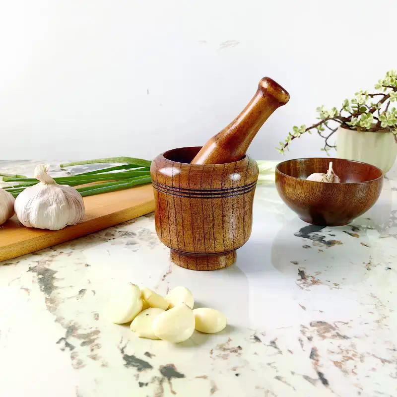 Wooden Grinding Bowl Household Kitchen Manual Garlic Ginger Spices Grinder Mortar Pestle Set