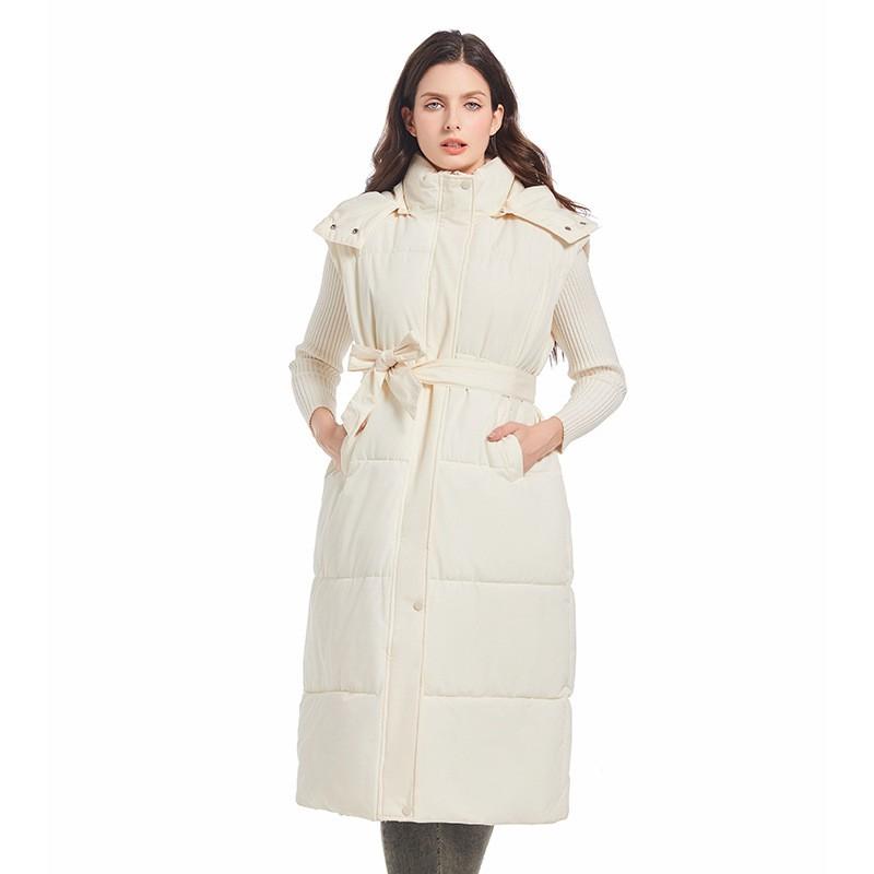 Womens Long Puffer Vest Over-Knee Warm Hooded Sleeveless Coat With Drawstring Waist