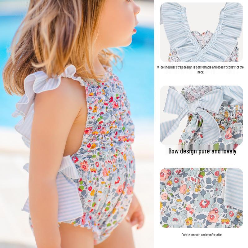 Summer Girls' One-Piece Swimsuit: Cute Blue and Pink Print